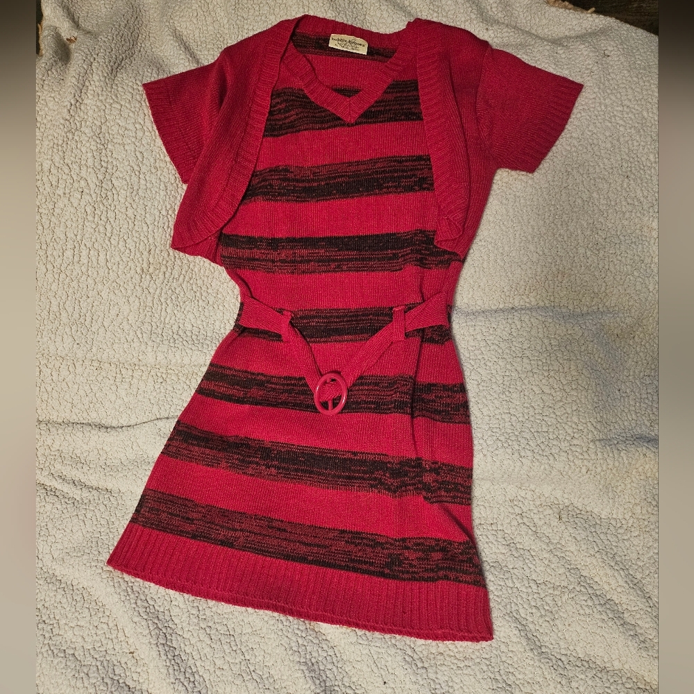 Red and Black Striped Dress with Short Sleeve Cardigan